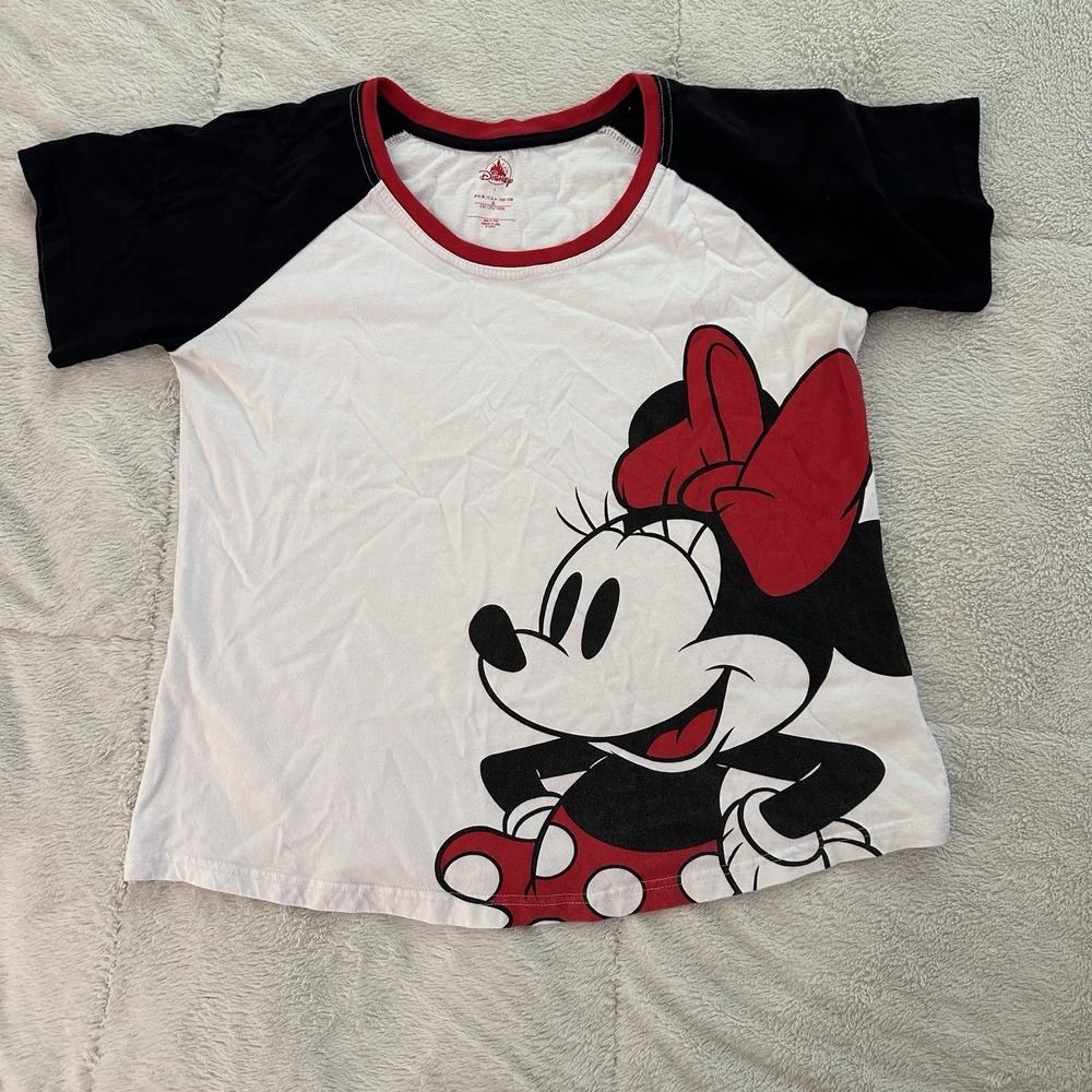 Disney Minnie Mouse Red Black WhiteT-Shirt Women L Graphic Tee Cute Sassy‎ Bow